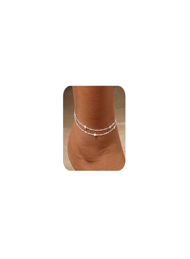 LEXODY Silver Ankle Bracelets for Women Waterproof, Sterling Silver Plated Layered Beaded Anklets for Women Trendy Dainty Wave Link Chain Anklets Set Summer Beach Jewelry Gift - Image 1